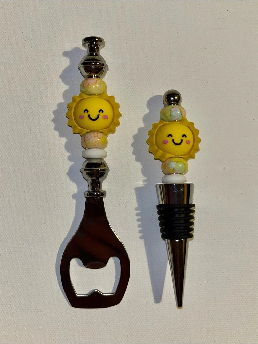 Sunny Yellow Smiling Sun Bottle Opener & Wine Stopper Set